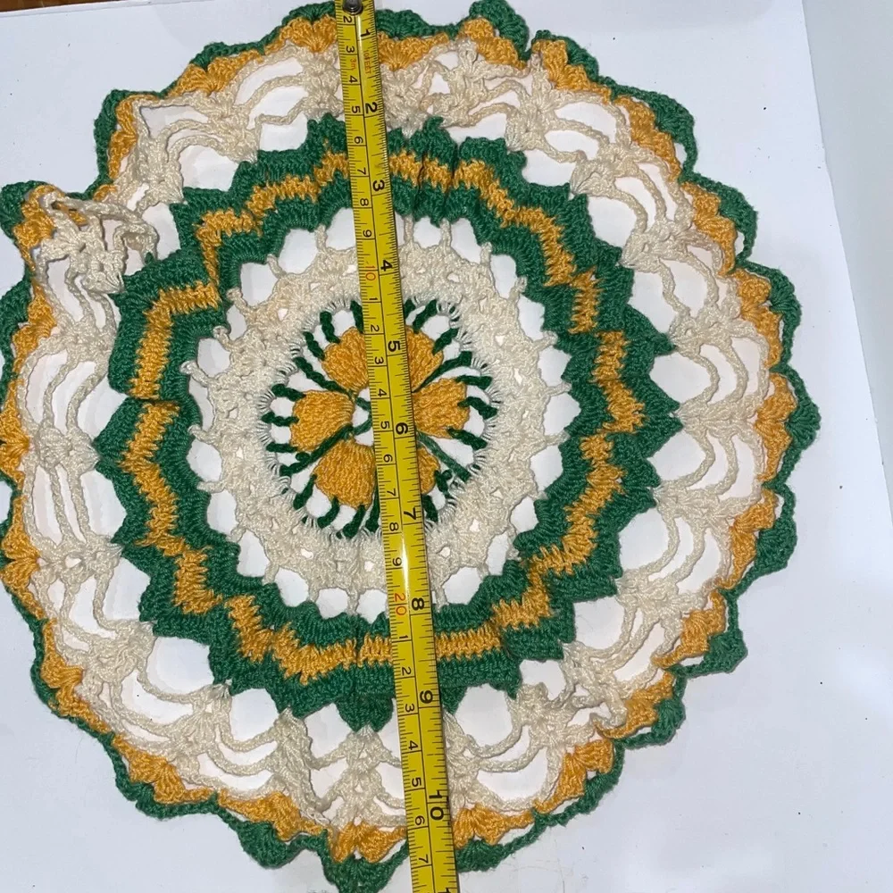 Vintage Hand Crocheted Green/white/Gold 10” Round Estate Find